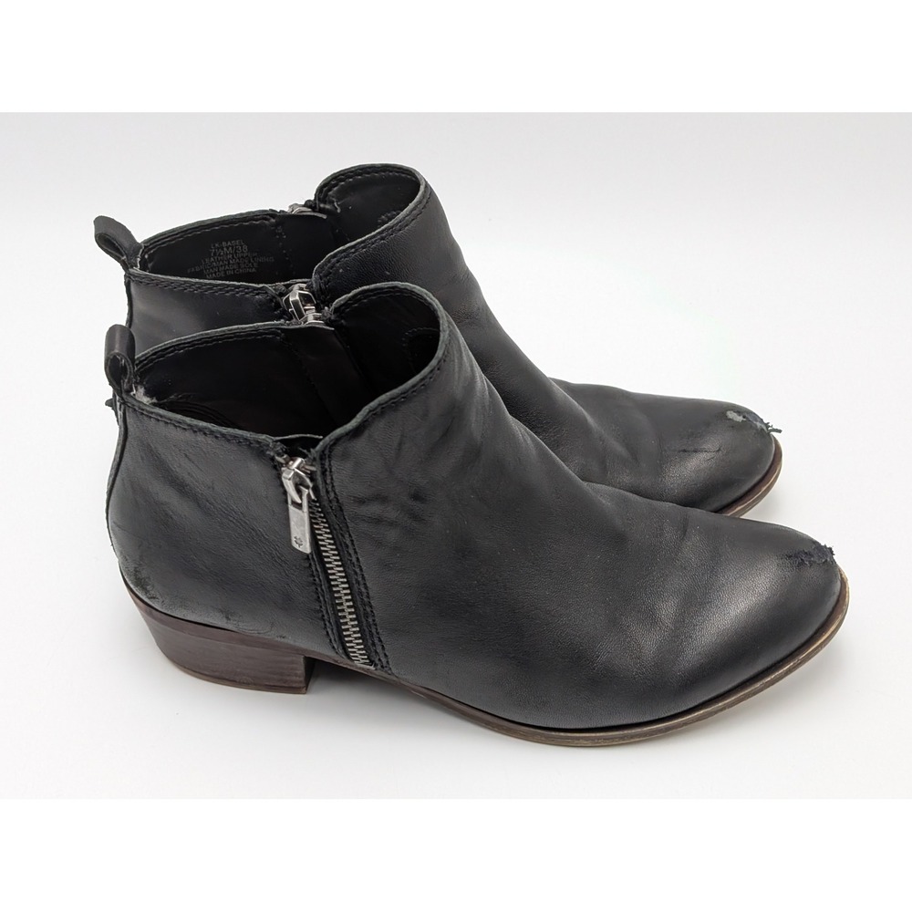 Lucky Brand Basel Black Leather Ankle Booties Women 7.5 M LK-BASEL Side Zip Boot